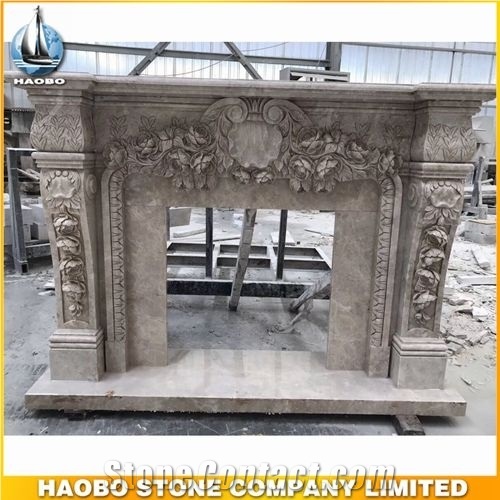 Delicate Carved Rose Grey Marble Fireplace for Indoor Plans