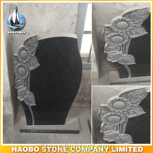 Direct Selling Monument Upright Headstone Black Granite Gravestone with Carved Sunflowers Tombstone Germany Style Headstone Cemetery Monument