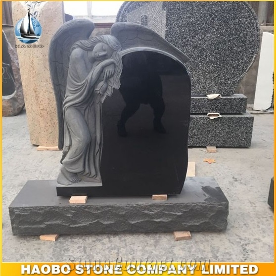 European Style Black Granite Tombstone Leaning Angel with Flowers Sculpture Monument High Quality Engraved Tombstone Direct Selling up Headstone