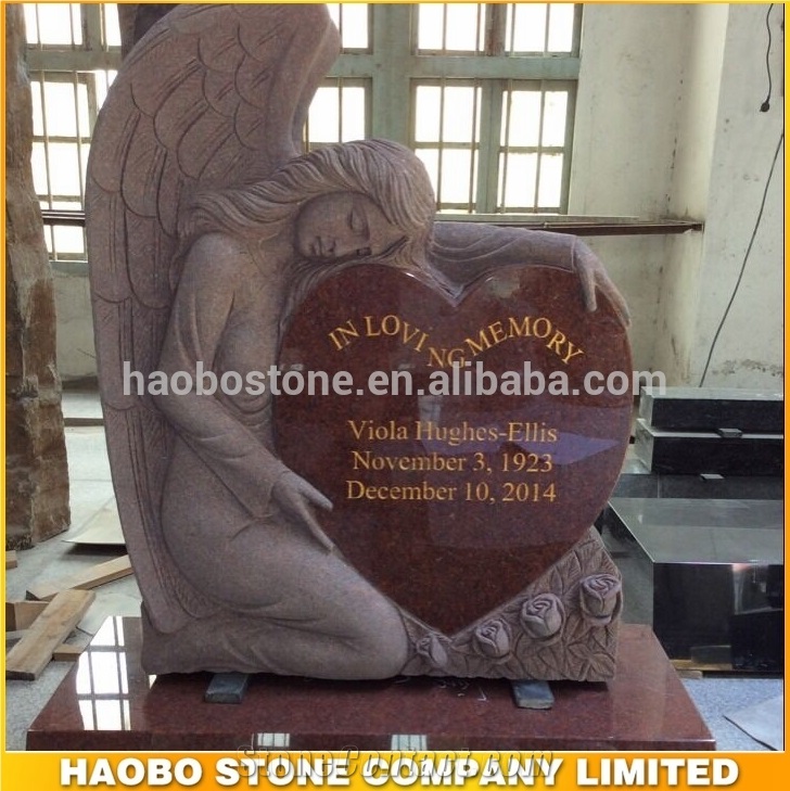 European Style Gravestone Indian Red Granite Tombstone Angel with Heart Shaped Carved Gravestone Direct Selling Upright Headstone