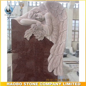 European Style Monument Angel Statues with Rose Sculpture Granite Tombstone Direct Selling up Headstone Own Factory Engraved Gravestone
