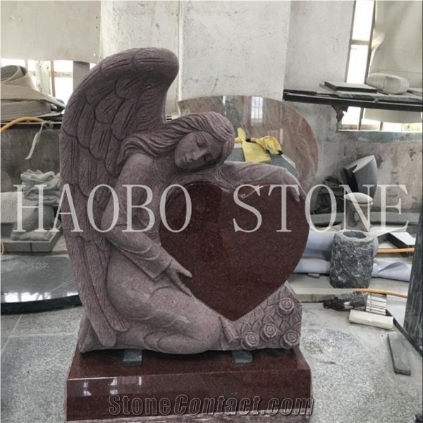 High Quality Cheap and Competitive Price Modern Natural China Quarry Angel Holding Red Heart Shaped Memorial Monument with India Granite for Sale