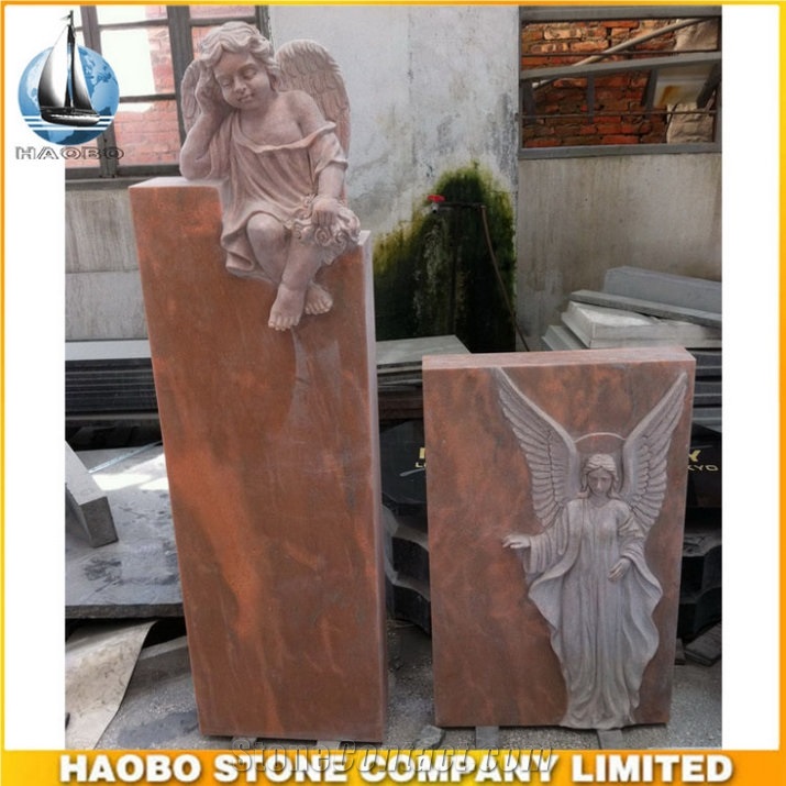 High Quality Gravstone Natural Stone Red Marble Headstone Sunset Red Marble Gravestone Angel Sculpture Memorial European Style Tombstone