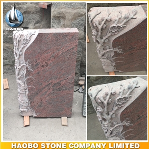 High Quality Monument Indian Multicolor Red Granite Gravestone with Flowers in Vase Headstone Direct Selling Custom Tombstone Upright Monument