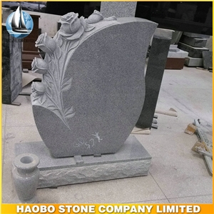 High Quality Upright Headstone China Grey Granite Tombstone Tear Drop Headstone with Carved Flowers Monument Custom Gravestone