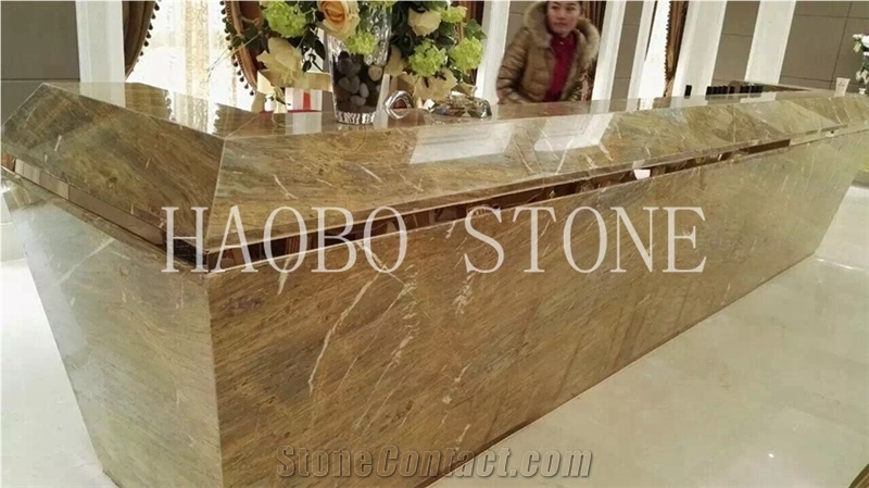 Natural Stnone Customized Cut to Size Wholesale Price China Haobo Quarry Factory Large Barcelona Gold Marble Countertop for Reception Desk Decoration
