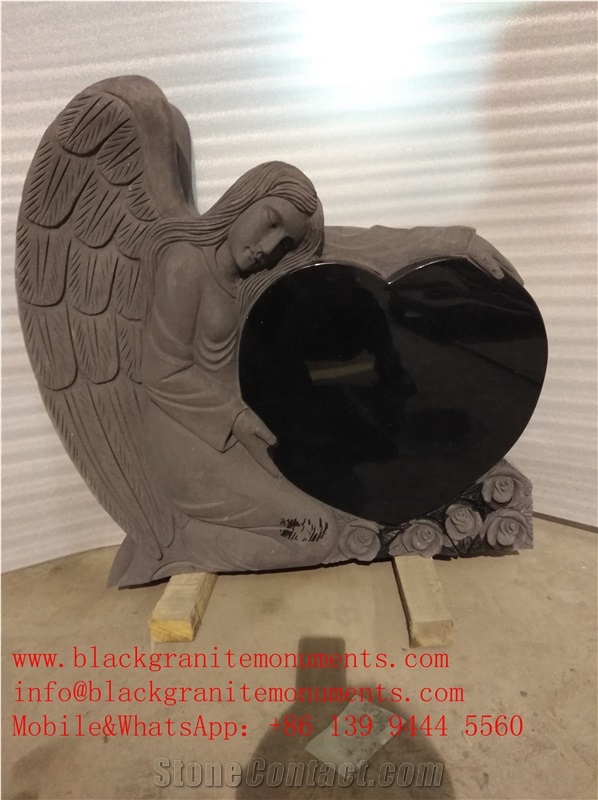 China Shanxi Black Granite Angel with Heart&Roses Monument P5 35x8x34 ,China Supremeshanxi Black Granite Us Style Angel Heart Die Stone Monument