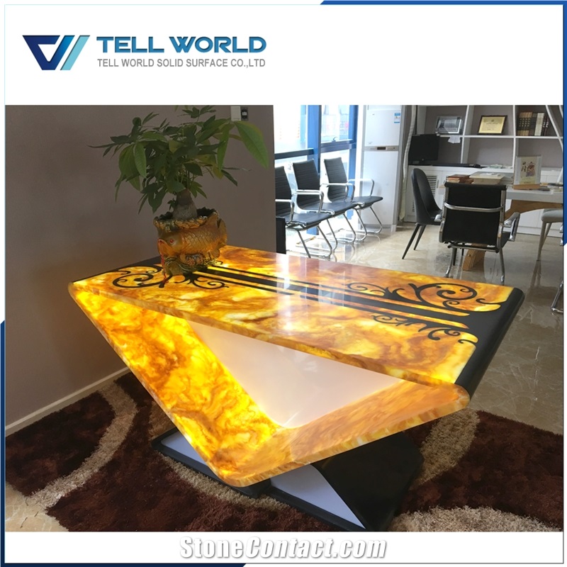 Yellow Translucent Stone Office Table Top with Led Lighting