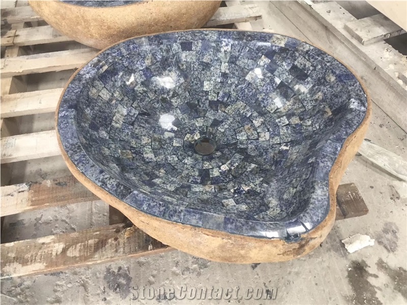 Fantasy Blue Granite Mosaic Sinks,River Stone Basins,Azul Bahia Wash Bains,Natural Stone Bath Sinks