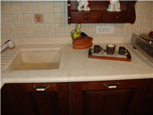 New Cream Marble Kitchen Countertop, Custom Design Double Farm Sink