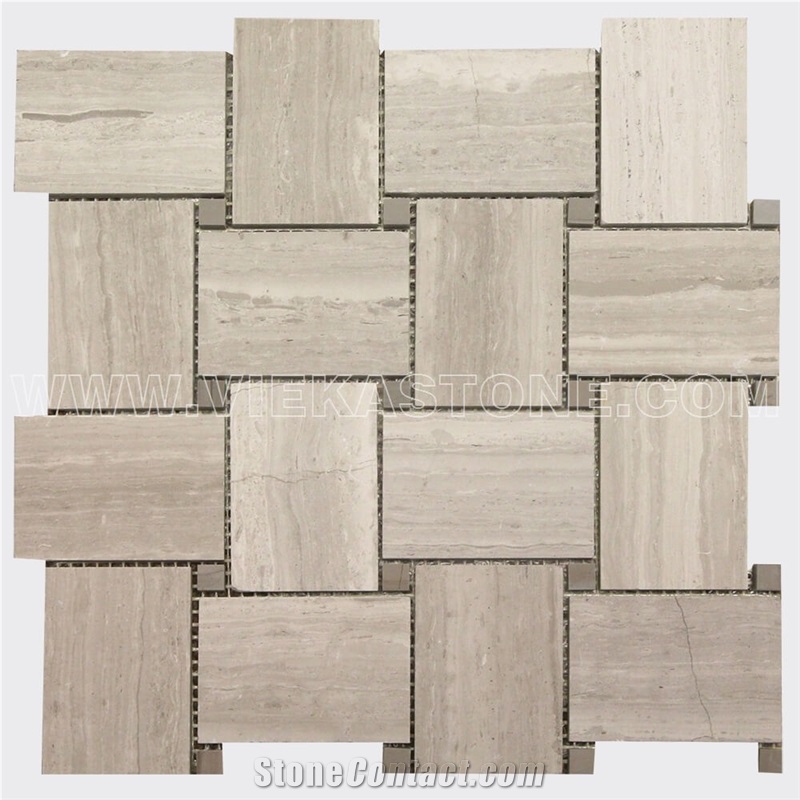 Athens Grey Wooden Marble Mosaic Tile Basketweave Polished for Interior Kitchen, Bathroom, Backsplash Wall Floor Covering