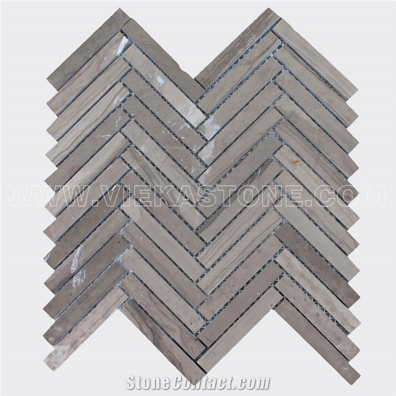 Athens Grey Wooden Marble Mosaic Tile Herringbone Polished for Interior Kitchen, Bathroom, Backsplash Wall Floor Covering