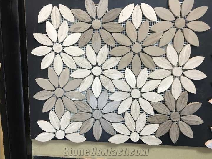 Polished Flower Mosaics Mixed with White and Grey Wooden Marble,Type No. Bc-Mc1204, Also Can Be Made Of Carrara White/Statuario/Carrara Grey Marble