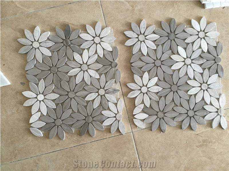 Polished Flower Mosaics Mixed with White and Grey Wooden Marble,Type No. Bc-Mc1204, Also Can Be Made Of Carrara White/Statuario/Carrara Grey Marble