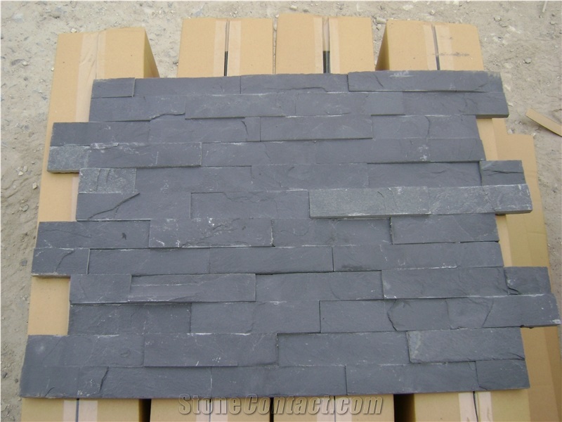 China Manufacturer Black Slate Charcoal Natural Culture Stone Stacked Ledger Tile Wall Cladding Panel Split Face Mosaic Rock 60x15cm Rectangle Veneer