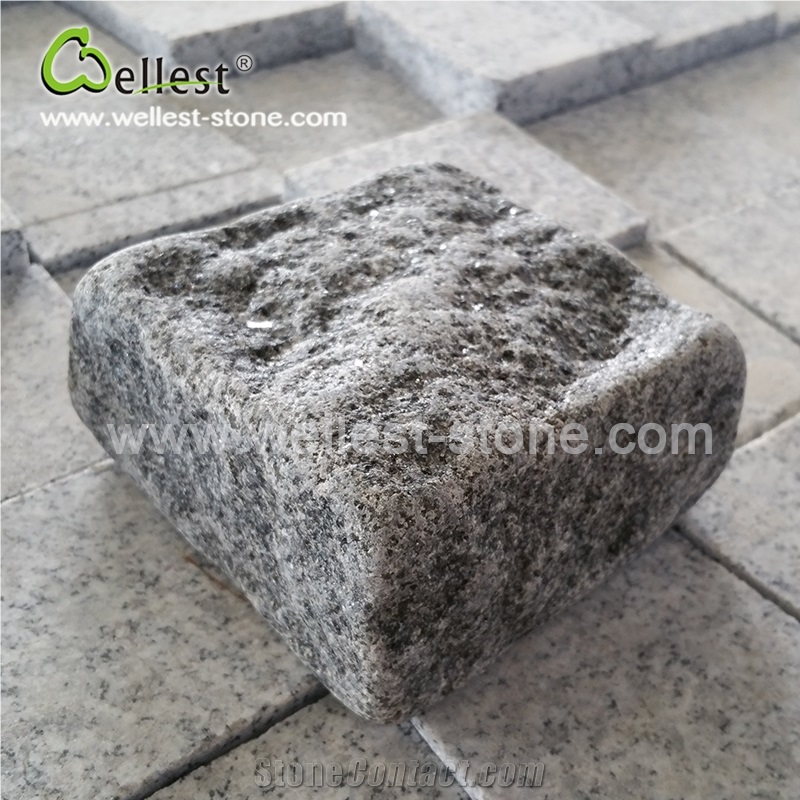 G654 Sesame Grey Black Padang Impalala Dark Granite 6 Sides Natural and Tumbled Finish Cube Cobble Stone for Driveway and Exterior Patrio Paver