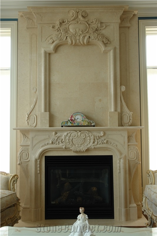 Beige Marble Double Fireplace with Overmantel