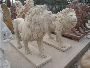 Beige Sandstone Hand Carved Lion Statue Sculpture