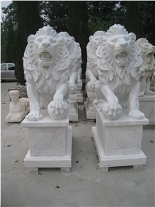 White Marble Lion Statue Sculpture with Pedestal Garden Handcarved