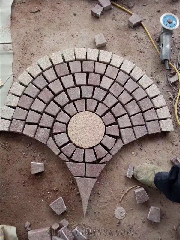 Red Porphyry Fan-Shape Granite Paving Stone with Net on the Back, Fan Shape Mesh Paving Stone Granite Driveway Paver Tile, China Red Porphyry