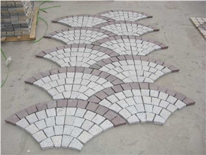 Red Porphyry+G603 Fan-Shape Granite Paving Stone with Net on the Back, Cobble Stone Mesh Garden Stepping Pavements, Mixed Granite Flooring Cube Stone