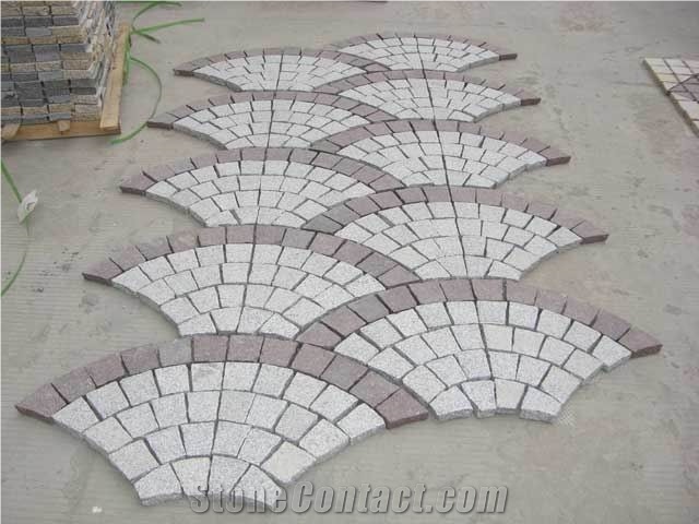 Red Porphyry+G603 Fan-Shape Granite Paving Stone with Net on the Back, Cobble Stone Mesh Garden Stepping Pavements, Mixed Granite Flooring Cube Stone
