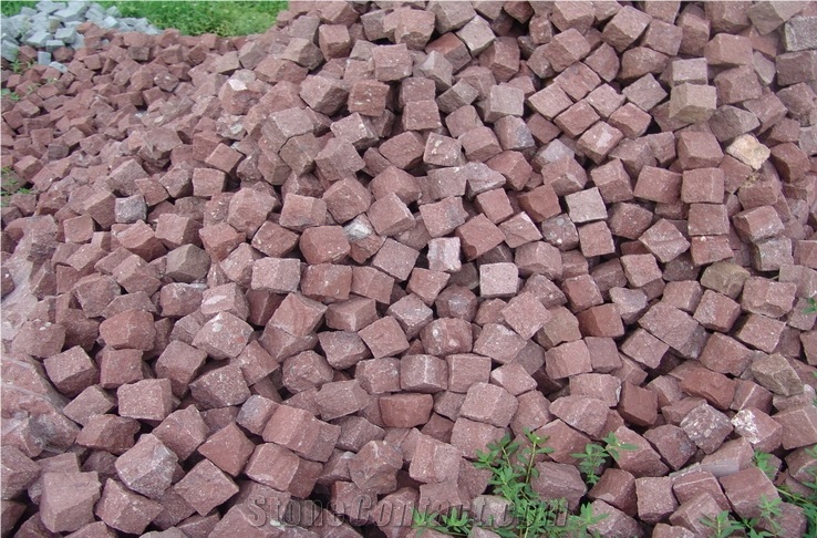 Natural Split Red Porphyry Paving Outside Stone Landscaping Cubes Stone, Sets, Cobble, Floor Covering, Exterior Pattern Decoration Walkway, Driveway
