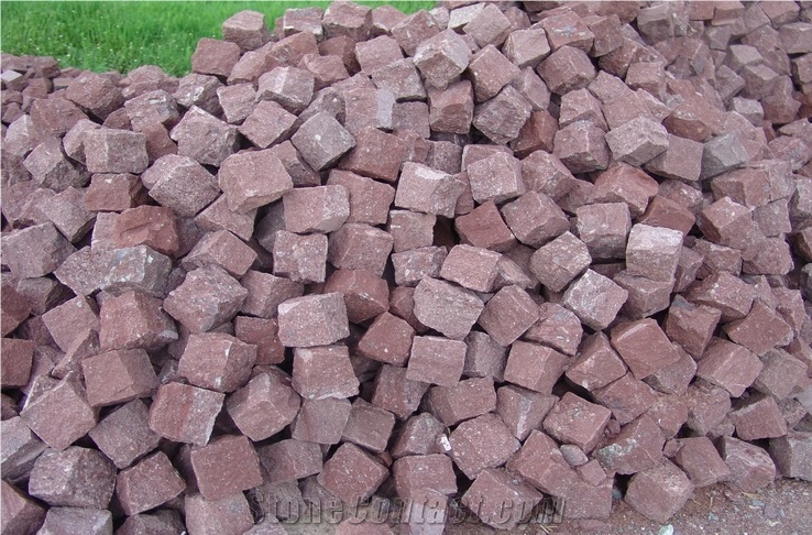Natural Split Red Porphyry Paving Outside Stone Landscaping Cubes Stone, Sets, Cobble, Floor Covering, Exterior Pattern Decoration Walkway, Driveway