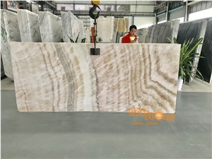 Beige Onyx/Wooden White Jade/Golden Line with Grey Vein/White Wood Grain Onyx/Polished Slabs/Tiles/Own Quarry/Bookmatch/Backlit/Transparency/New