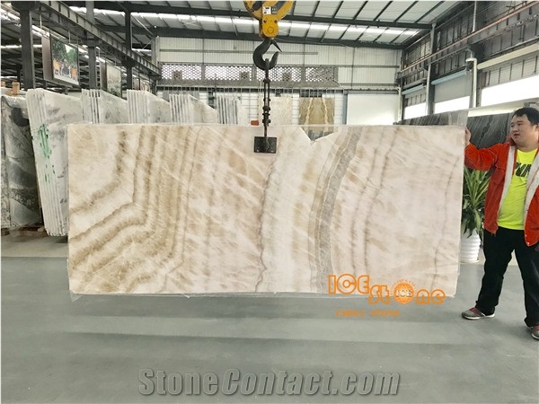 Beige Onyx/Wooden White Jade/Golden Line with Grey Vein/White Wood Grain Onyx/Polished Slabs/Tiles/Own Quarry/Bookmatch/Backlit/Transparency/New