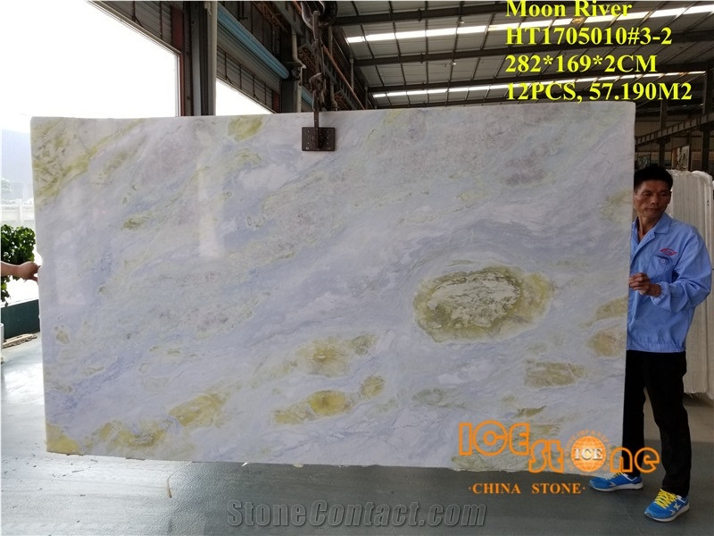 China Blue Marble Slab,Lemon Ice, Polished Surface, Own Quarry, Large Quantity,Cut to Size, Tv Background, Bookmatch Slab