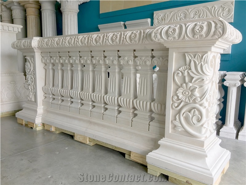Custom Hand Carved Natural Stone Balustrade and Balustrade Piers