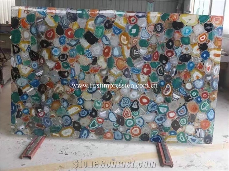 Hot Sale Interior Wall Panel Multi Color Semiprecious Agate Stone Multi Color Gemstone Slabs