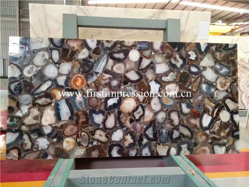 New Polished Grey Agate Semiprecious Stone Slabs /Customized Slabs /Grey Semi Precious Stone Panels for Wall&Floor Covering /Interior Decoration