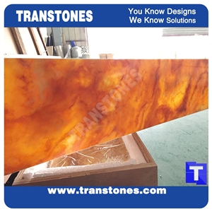 China Yellow Faux Onyx Sheet Translucent Resin Panel Backlit Transtones for Hotel and Home Decorating Materials