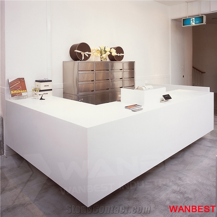 Custom Made White Simple L Shape Solid Surface Marble Hair Salon Office Hotel Clinic Spa Reception Counter Restaurant Coffee Shop Cashier Desk