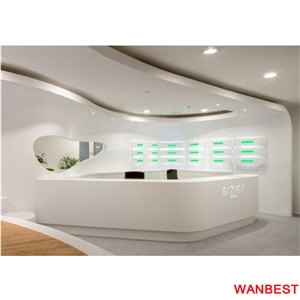 Custom Made White Simple L Shape Solid Surface Marble Hair Salon Office Hotel Clinic Spa Reception Counter Restaurant Coffee Shop Cashier Desk