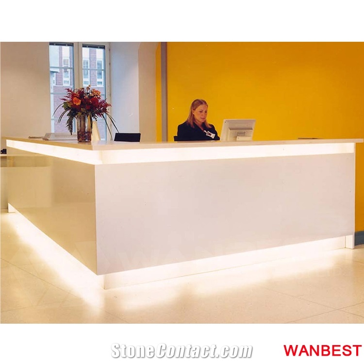 Customized Artificial Stone L Shape White Marble Led Lighting Spa Lobby Company Office Hotel Clinic Lobby Reception Desk Front Table for Beauty Salon