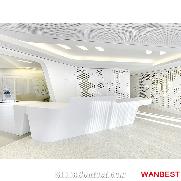 Customized Special Design Solid Surface Acrylic Carved White Office Hospital Nurse Station Hotel Hair Salon Spa Lobby Reception Counter Cashier Desk