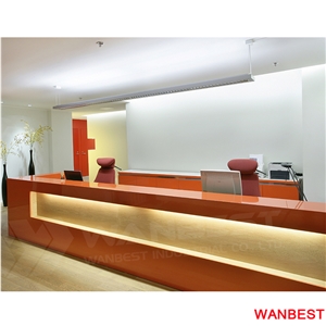 Factory Supply Artificial Stone Marble Top Large Red Curved Led Hall Lobby Spa Hotel Company Salon Shopping Mall Reception Counter Information Desk