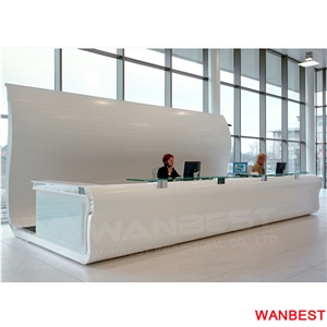 Luxury White Solid Surface Acrylic Curved Hotel Lobby Shopping Mall Company Hall Hospital Salon Reception Desk Information Counter with Back Wall
