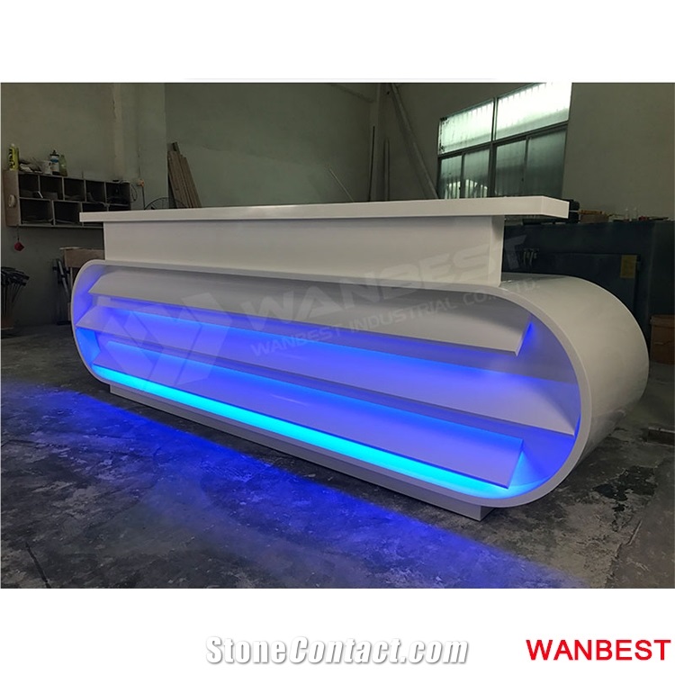 Modern Luxury White Solid Surface Artificial Stone Led Lighted Hotel Hair Salon Hospital Reception Area Desk Office Spa Restaurant Front Table Design