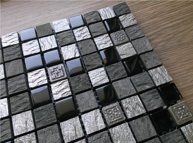 Black Slate Mix Glass Resin Mosaic Tile Kitchen Bathroom Wall Tile