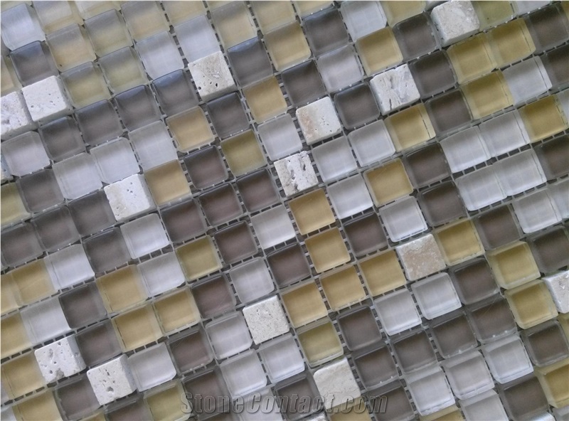 Crystal Glass Mix Travertine Mosaic Tile Kitchen Bathroom Wall Tile