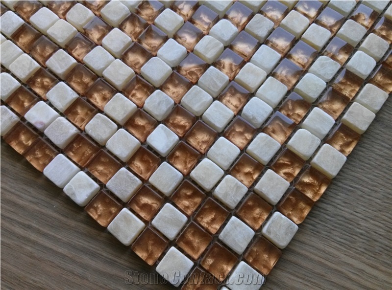 Gold Crystal Glass Mix Onyx Marble Mosaic Tile