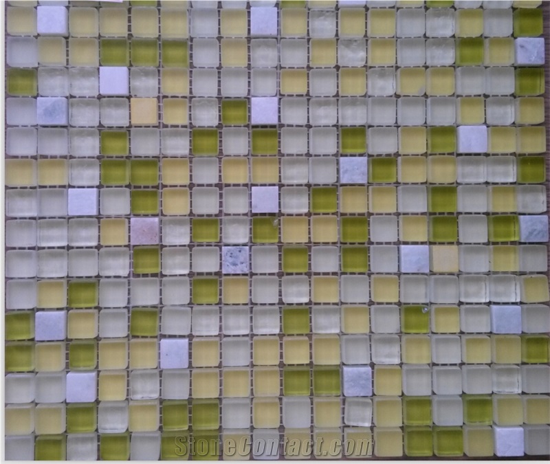 Green Crystal Glass 15x15mm Crystal Glass Mix White Marble Mosaic Tile Chip Mosaic