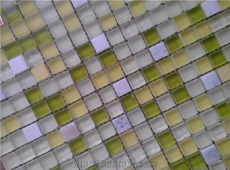 Green Crystal Glass 15x15mm Crystal Glass Mix White Marble Mosaic Tile Chip Mosaic