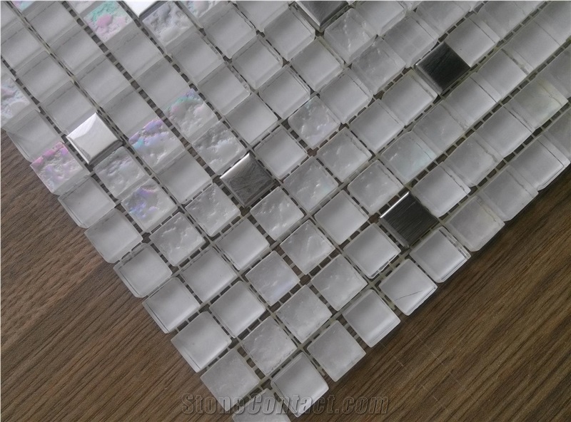 Super White Crystal Glass Mix Metal Mosaic Kitchen Bathroom Wall Tile