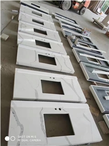 Artificial Calacatta White Quartz Marble Stone Vanity Top,Bathroom Countertops,Engineered Stone Faux Marble Bath Top for Hotel Project