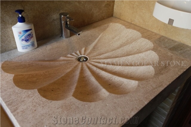 Beige Limestone Art Sink Interior Basin Flower Carved Wash